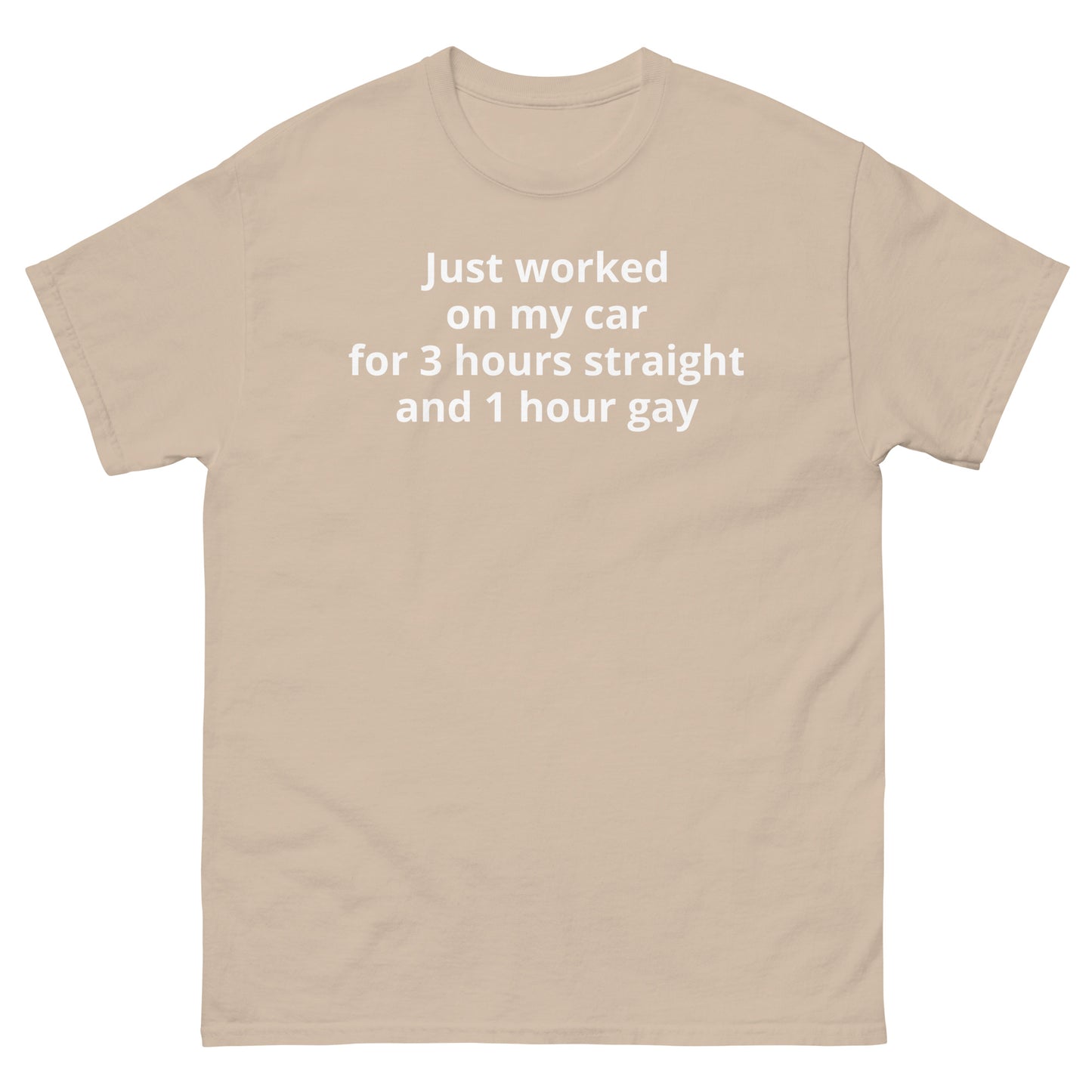 "Just worked on my car for 3 hours straight and 1 hour gay WL" Men's classic tee